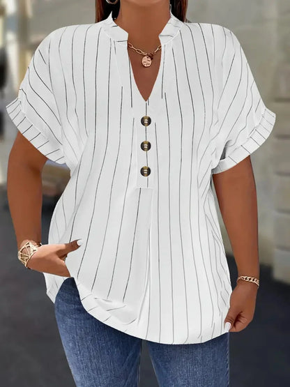 Gadinus White Plus Size Striped Blouse Women V Neck Button Front Short Sleeve Loose Fit Casual Shirt Tunic Top