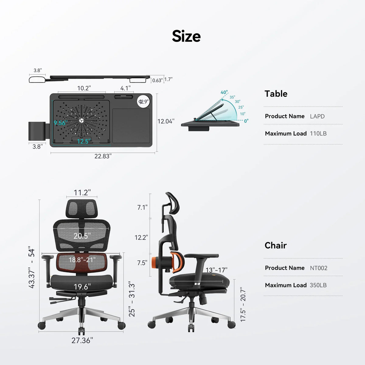 NEWTRAL Ergonomic Chair with Desktop,Adaptive Lower Back,Footrest 4 Recline Angle Adjustable Backrest Armrest Headrest,NT002 BLACK