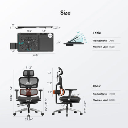 NEWTRAL Ergonomic Chair with Desktop,Adaptive Lower Back,Footrest 4 Recline Angle Adjustable Backrest Armrest Headrest,NT002 BLACK