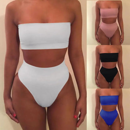 2025 Two-piece 	High Waist Bikini Set Solid Color Elastic Wireless Strapless Summer Lady Swimsuit Swimming Bathing Suit