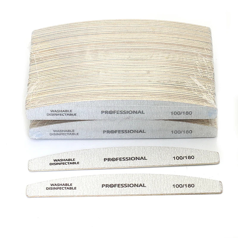 2/6/8/12/20pcs Professional Nail File Grey Half Moon Wooden Nail Files 100/180 Grit Double-Sided Sanding Washable Manicure Tools