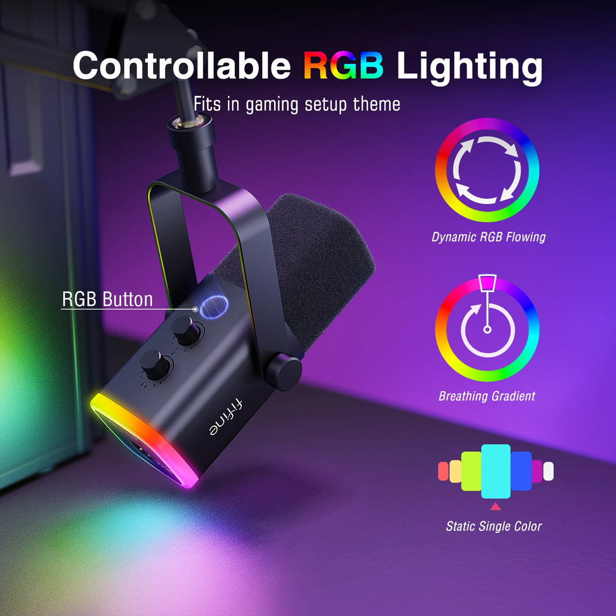 FIFINE AM8T USB/XLR-streamingmikrofon – dynamisk, RGB och hörlursutgång