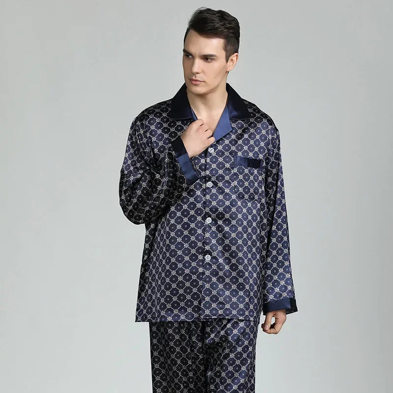 Herr Silk Satin Pyjamas 2-delad – Långärmad Topp & Byxor Tryckt Mönster, Svart/Röd/Marinblå