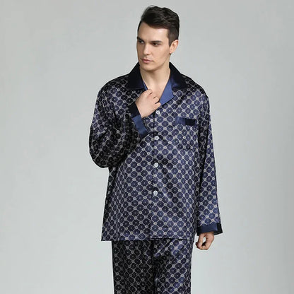 Herr Silk Satin Pyjamas 2-delad – Långärmad Topp & Byxor Tryckt Mönster, Svart/Röd/Marinblå