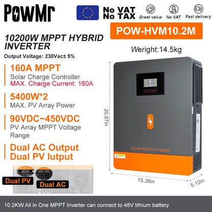 PowMr Hybrid Solväxelriktare 2kW–11kW – Ren Sinusvåg MPPT 120A 12V/24V/48V 220V LiFePO4/Litium/Blåsyra WiFi EU-lager CE