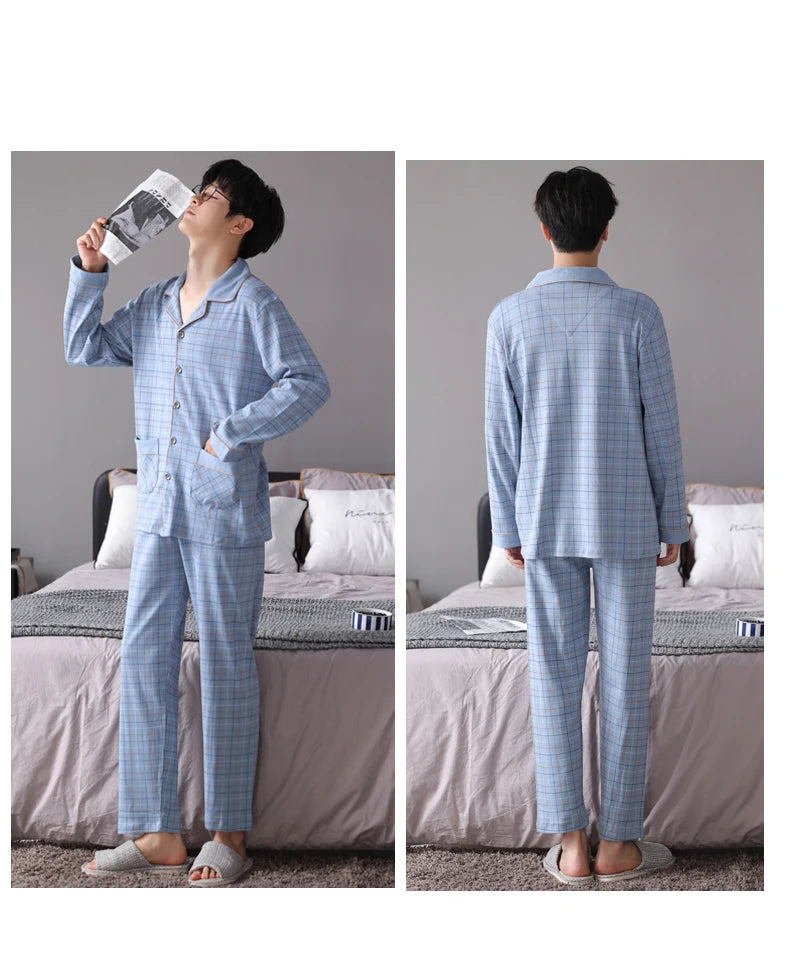 MiiOW Herr Pyjamas Set Vinter – Bomull Långärmad Rutig Grå Krage Plus Size, 8 Färger M–XXXL