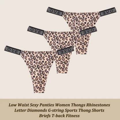 3Pcs/Set Low Waist Sexy Panties Women Thongs Rhinestones Letter Diamonds G-string Sports Thong Shorts Briefs T-back Size XS-XL