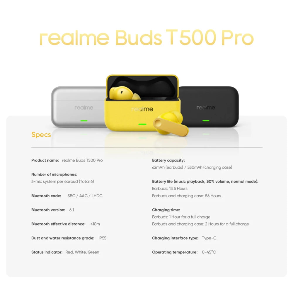 realme Buds T500 Pro trådlösa in-ear-hörlurar med laddningsfodral
