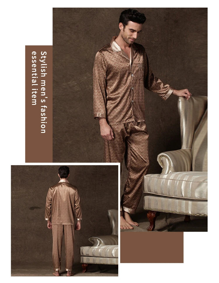 Mens Stain Silk Pajama Sets Pajamas Men Sleepwear Printed Silk Nightgown Home Male Satin Soft Cozy Sleeping Pajamas