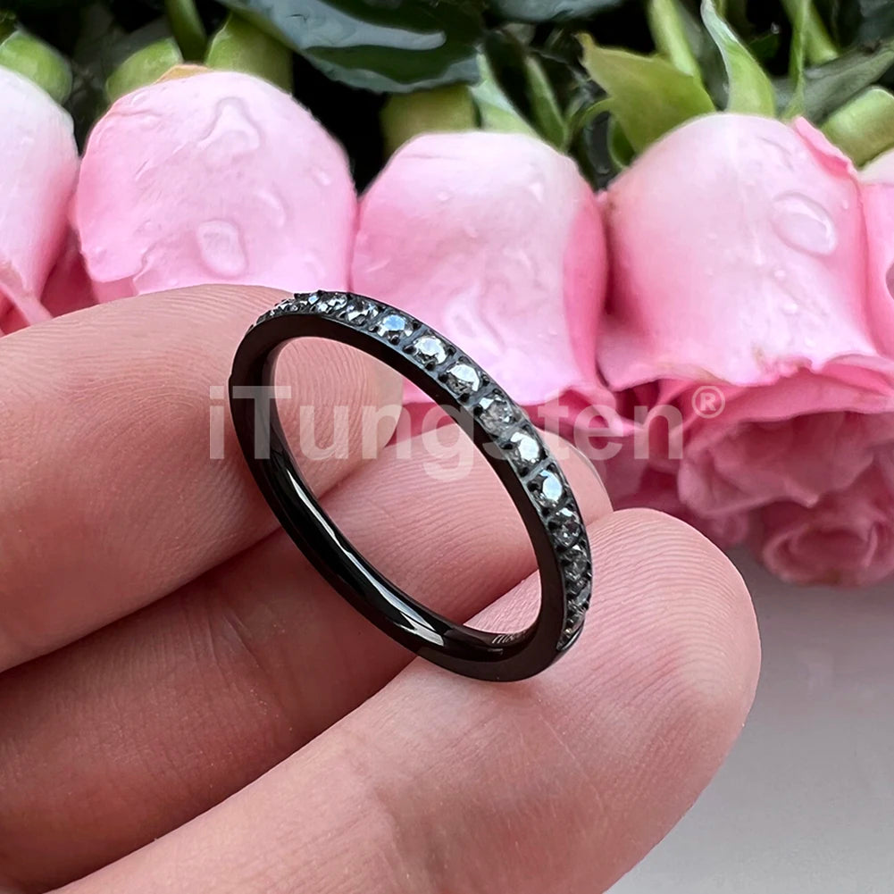 ITungsten 2/3/4mm Men Women Titanium Princess Cubic Zirconia CZ Inlay Ring Nice Eternity Engagement Wedding Band