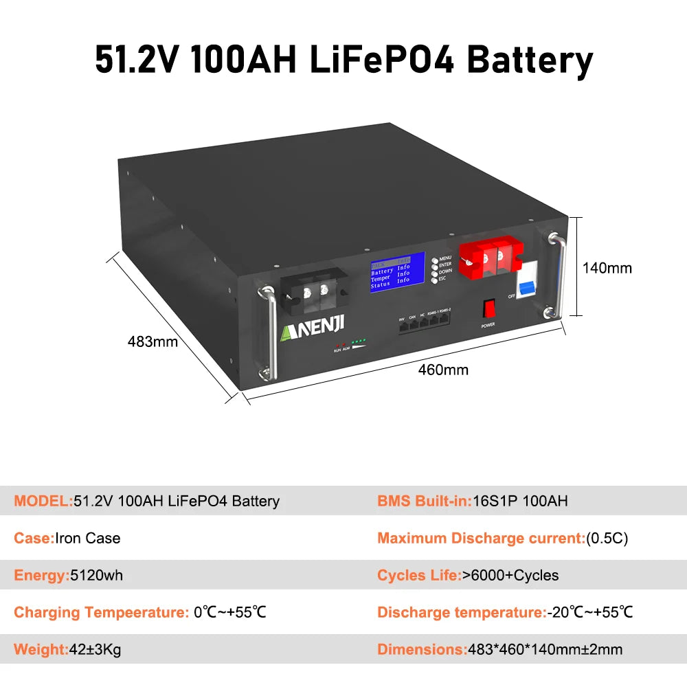 ANENJI LiFePO4 Rackmonterat Batteri 51,2V 100Ah 5kWh – 16S1P, A-grade, BMS 16S100A, RS485/CAN, Parallellkopplingsbar, >6000 Cykler, Hemmasolenergi, EU-lager (Polen)