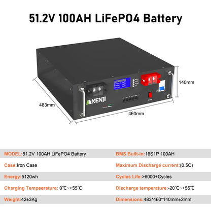 ANENJI LiFePO4 Rackmonterat Batteri 51,2V 100Ah 5kWh – 16S1P, A-grade, BMS 16S100A, RS485/CAN, Parallellkopplingsbar, >6000 Cykler, Hemmasolenergi, EU-lager (Polen)