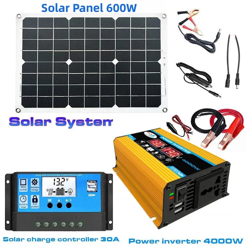 Komplett Solkraftsystem 4000W/6000W – 20W Monokristallin Solpanel + Modifierad Sinusvåg Inverter 110V/220V + 30A PWM-regulator 12V/24V
