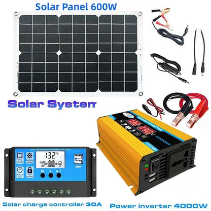 Komplett Solkraftsystem 4000W/6000W – 20W Monokristallin Solpanel + Modifierad Sinusvåg Inverter 110V/220V + 30A PWM-regulator 12V/24V