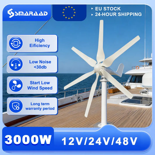 Horisontell Vindturbin 3000W 12V/24V/48V – Lågbullrig Permanent Magnet Off-Grid 220V, EU-lager Polen