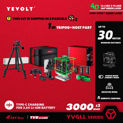 YEVOLT YVGLL4XS16 Grön Lasernivå – 4 Plan, 16 Linjer, Självnivellerande 360° 3D
