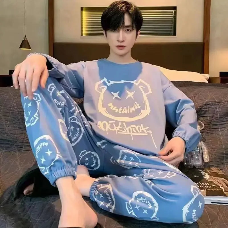 Herr Pyjamas Set Vår & Höst – Långärmad O-ringning & Rutiga Byxor Tunn, 5 Färger L–4XL