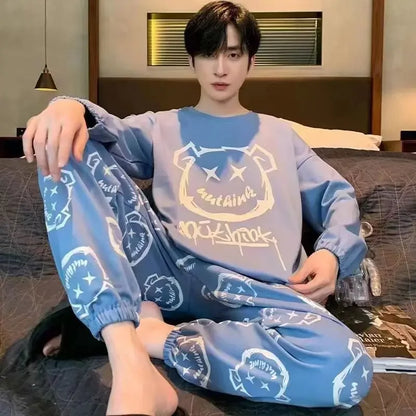 Herr Pyjamas Set Vår & Höst – Långärmad O-ringning & Rutiga Byxor Tunn, 5 Färger L–4XL