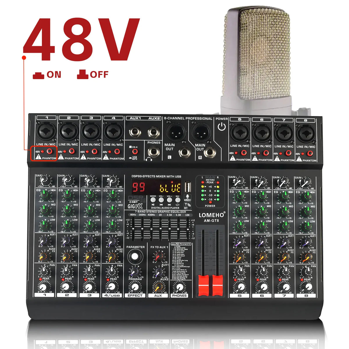 LOMEHO AM-GT8 8-kanals mixerbord med 99 DSP-effekter