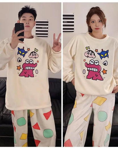 Kawaii Crayon Shin-Chan Couple Pajamas Set New Men's/women's Fashion Casual Pajama Plush Coral Fleece Winter Cartoon Homeclothes
