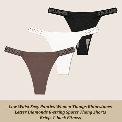 3Pcs/Set Low Waist Sexy Panties Women Thongs Rhinestones Letter Diamonds G-string Sports Thong Shorts Briefs T-back Size XS-XL