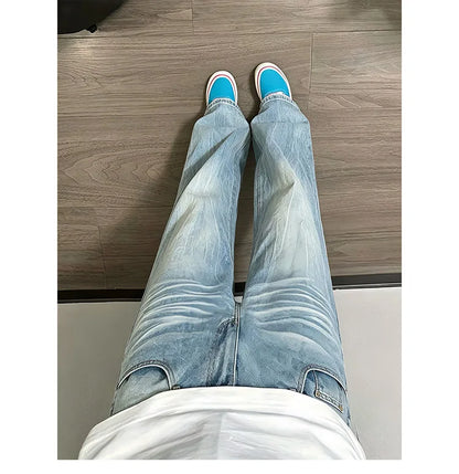 Washed Lightning Print Curved Flare Jeans For Male American Autumn Casual Fashion High Street Men Men Straight Leg Denim Pants