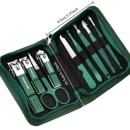 Green Stainless Steel Nail Clipper Sets 6-18 Pcs Manicure Set With Leather Case Professional Foot And Face Care Tool Kits