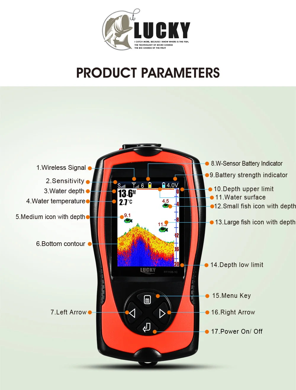 LUCKY FF1108-1CWLA Sonar Fish Finder Portable Wireless Rechargeable Echo Sounder 45M Water Depth Sensor for Fishing