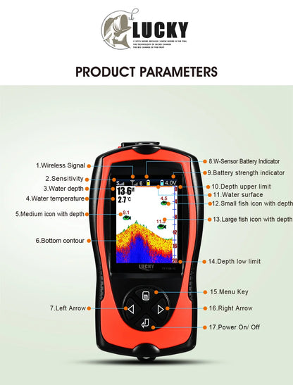 LUCKY FF1108-1CWLA Sonar Fish Finder Portable Wireless Rechargeable Echo Sounder 45M Water Depth Sensor for Fishing