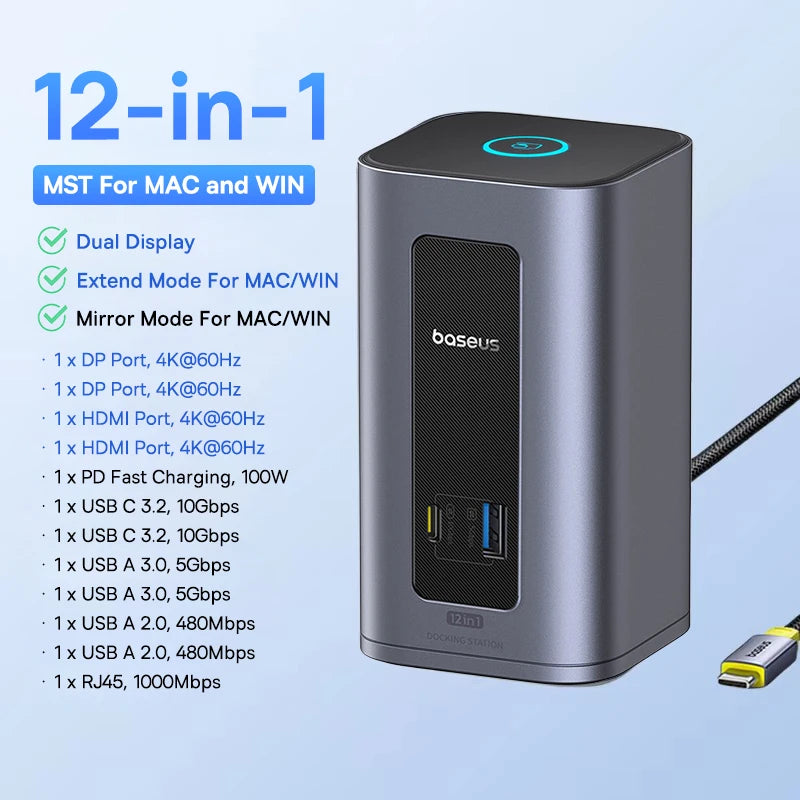 Baseus 11/12-i-1 USB-C-docka med flera skärmutgångar och PD