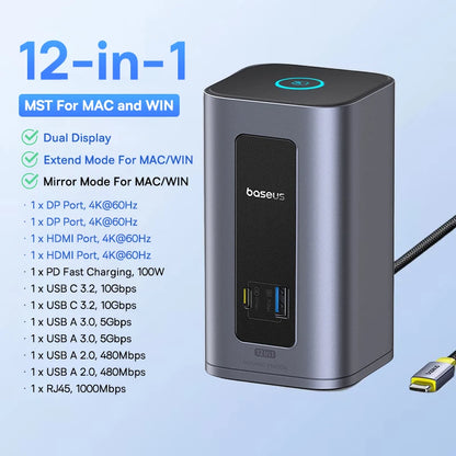Baseus 11/12-i-1 USB-C-docka med flera skärmutgångar och PD