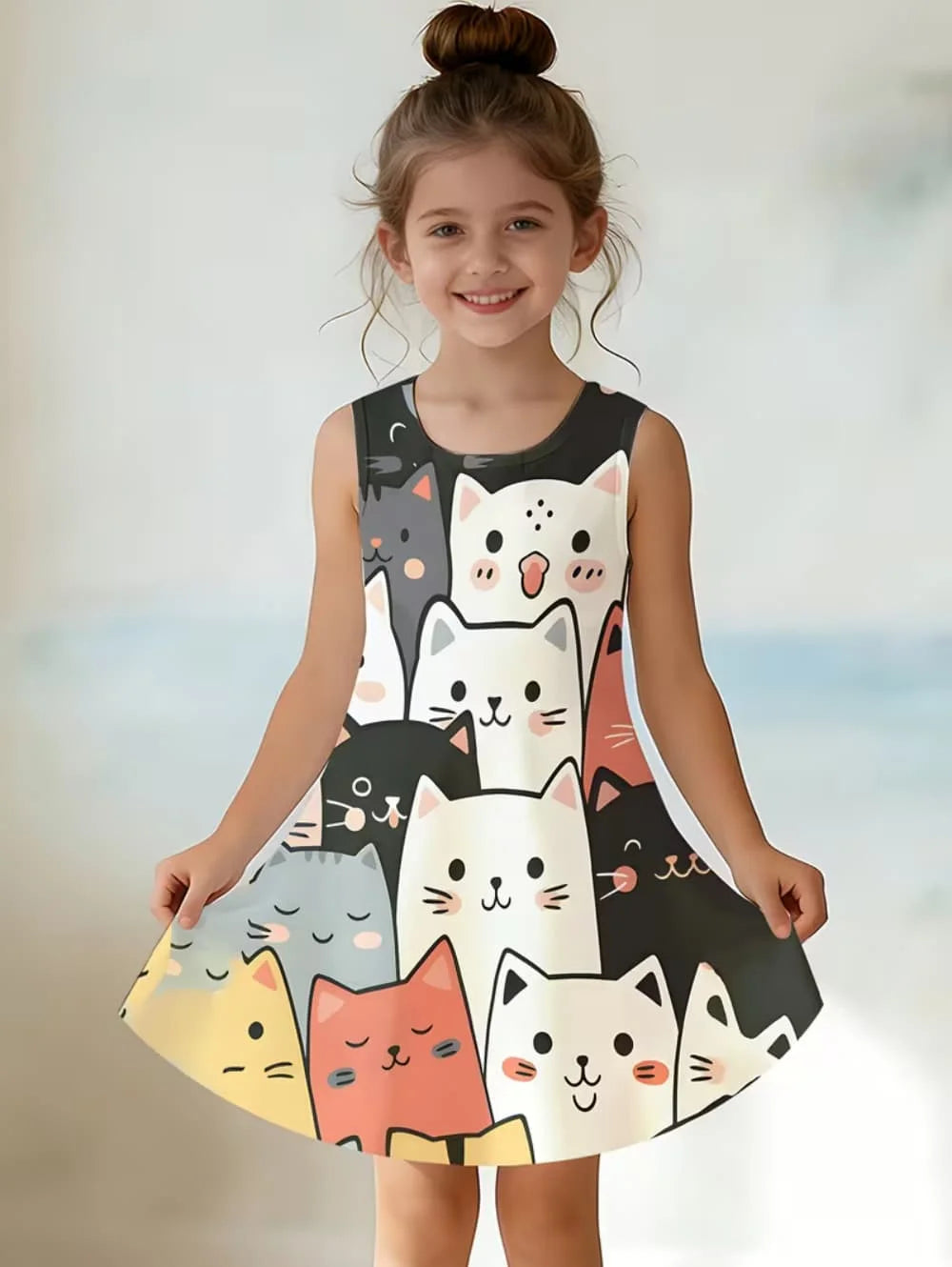 Girl Clothes Cartoon Cat Graphic Printed Girls' Princess Dress Summer Casual Dress for Girls Outfit O-Neck Birthday Gift Clothes