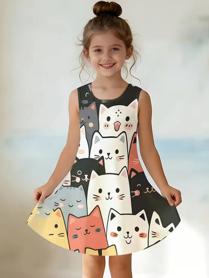 Girl Clothes Cartoon Cat Graphic Printed Girls' Princess Dress Summer Casual Dress for Girls Outfit O-Neck Birthday Gift Clothes