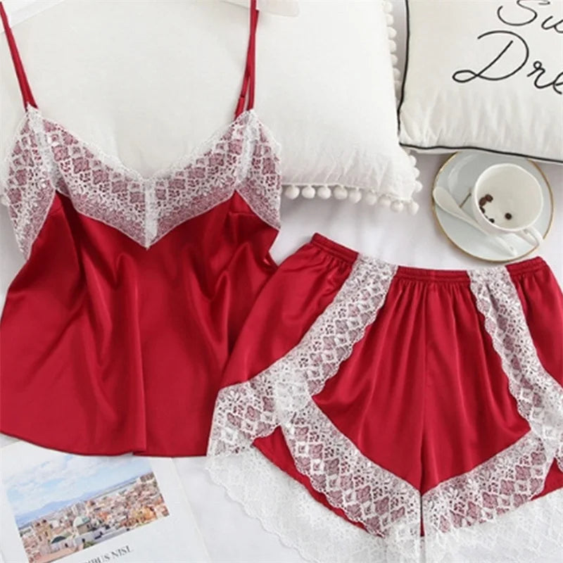 HELTFARM pyjamasset dam med spets – ärmlös V-ringad topp och shorts, S–XL