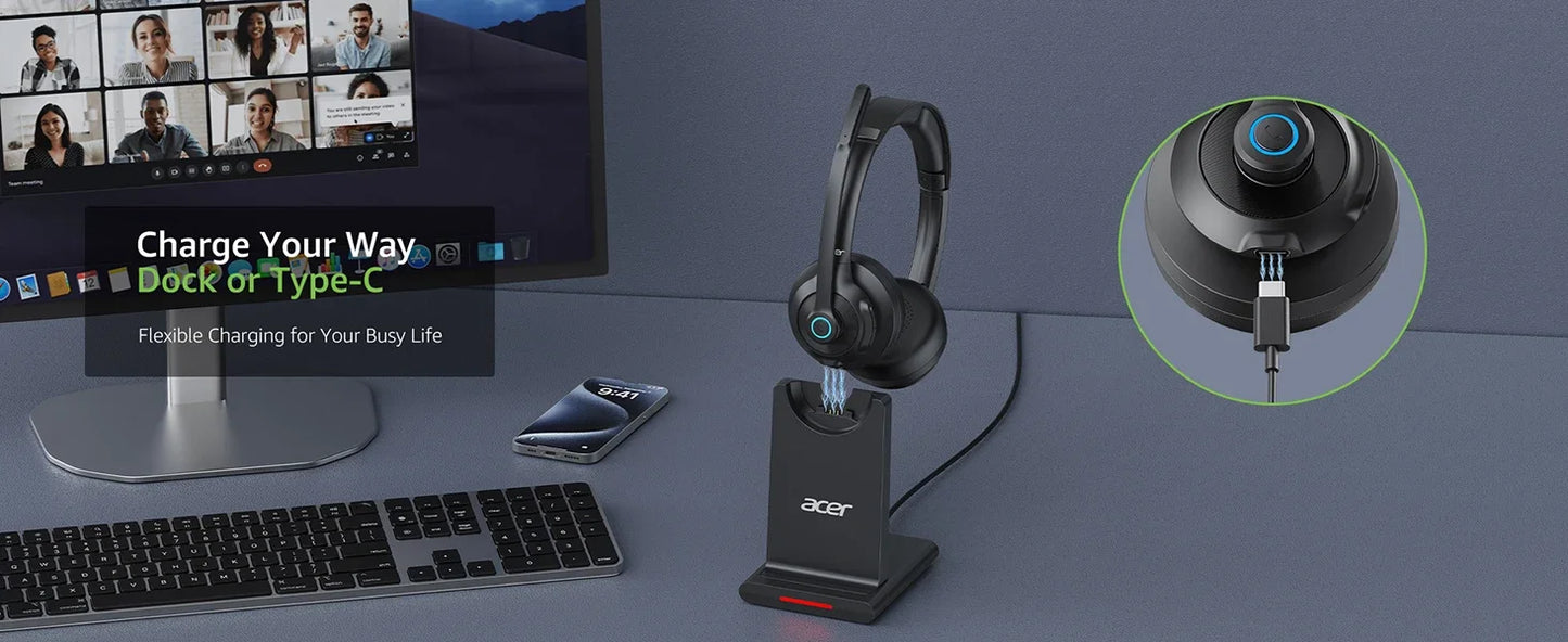 Acer HB02 Wireless Headset with Mic for Work 2.4G Bluetooth 5.3 Dual Mode Headphones USB Dongle for PC Headset for Call Center