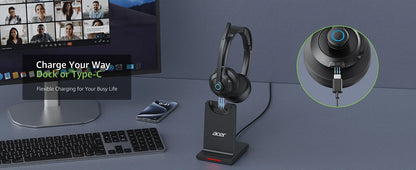 Acer HB02 Wireless Headset with Mic for Work 2.4G Bluetooth 5.3 Dual Mode Headphones USB Dongle for PC Headset for Call Center
