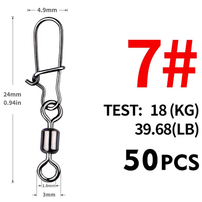 MEREDITH 50PCS Pike Fishing Accessories Connector Pin Bearing Rolling Swivel Stainless Steel Snap Fishhook Lure Swivels Tackle