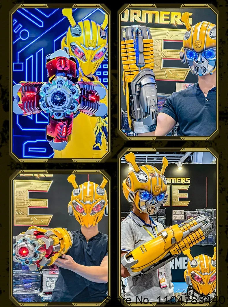 Bärbar Bumblebee hjälmleksak med armkanon och rollspelsdesign