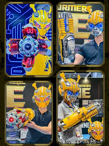 Bärbar Bumblebee hjälmleksak med armkanon och rollspelsdesign