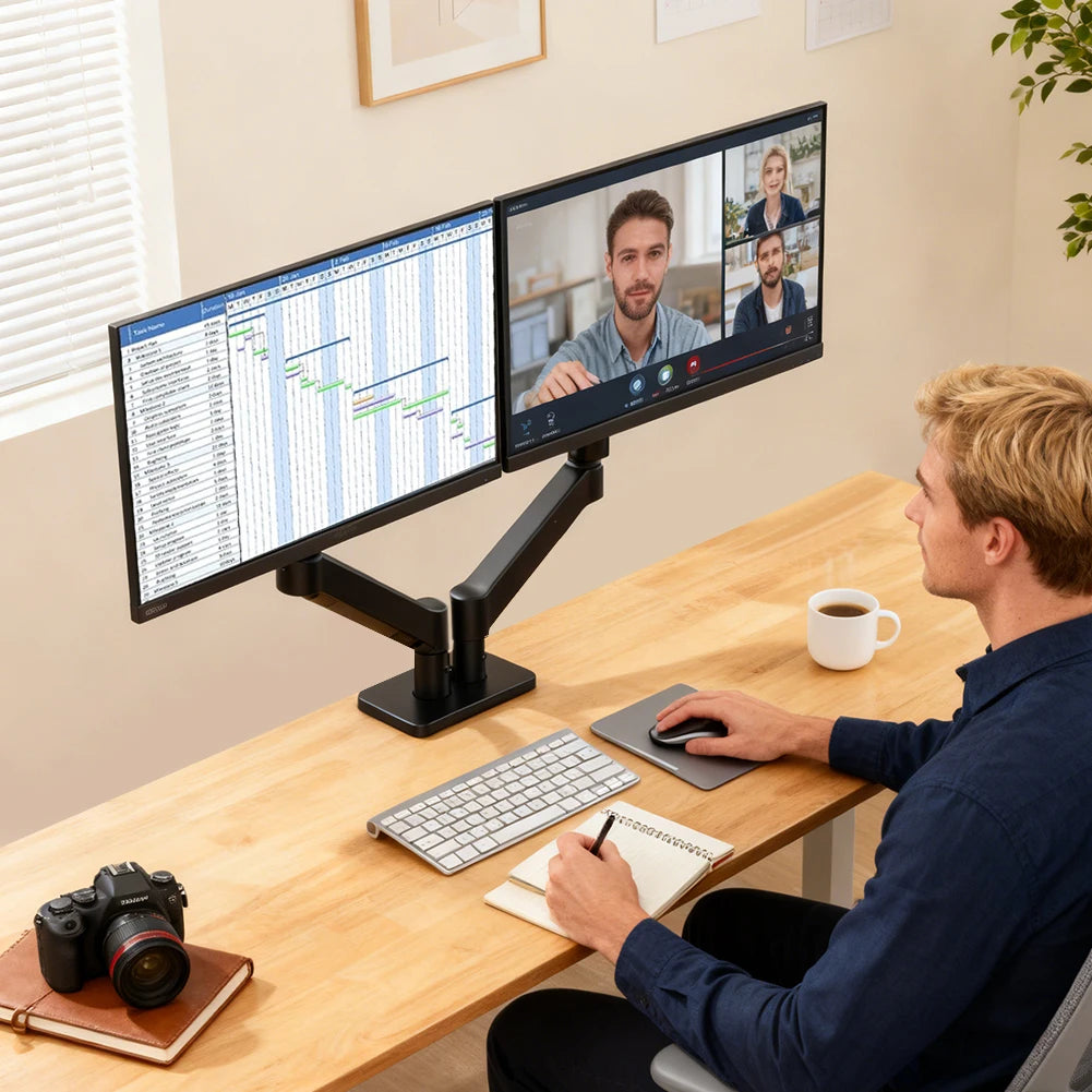 Dual Monitor Mount Stand for 13-32 Inch Screens, Fully Adjustable Double Monitor Bracket with 180° Swivel Tilt & 360° Rotation, Space Saving Desktop Screen Holder for Home Office Gaming Workstation