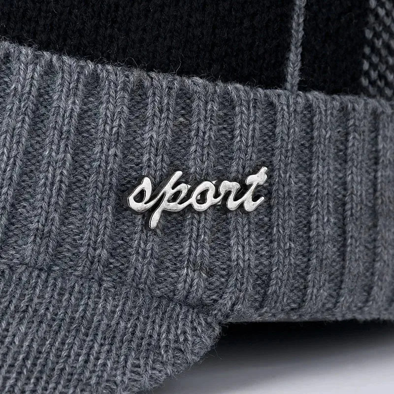 Hot Sale Unisex Warm Winter Hat With Brim Plush Fur Lined Knit Cap Sports Label Thicken Winter Hats For Men