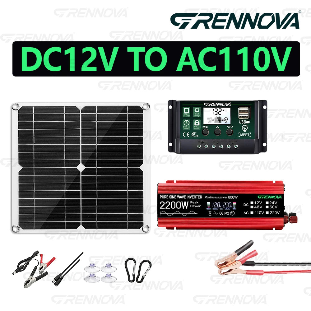 Grennova Portabelt Solcellskit 1100W – Ren Sinusvåg 2200W Peak + 30W Panel + 60A MPPT, 110V/220V Off-Grid Husbil Balkong
