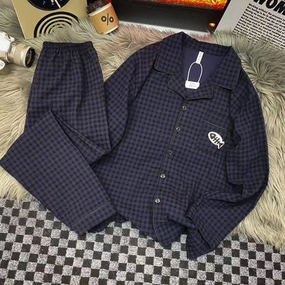 Långärmat pyjamasset herr med krage och tryck – överdel och byxor, L–3XL