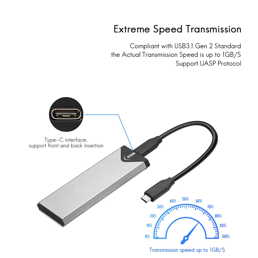 SSK M.2 NVME SATA SSD Enclosure Adapter USB 3.2 10Gbps Aluminum Enclosure External Hard Drive Case Support UASP Trim for PC Case