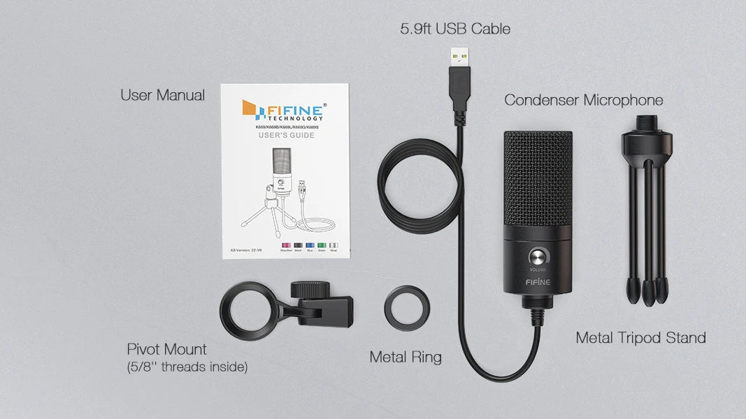 FIFINE USB Condenser Microphone with Gain Knob,Metal Recording Mic for Home Studio,Podcasting,Voice-over,Laptop,Windows -K669