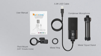 FIFINE USB Condenser Microphone with Gain Knob,Metal Recording Mic for Home Studio,Podcasting,Voice-over,Laptop,Windows -K669
