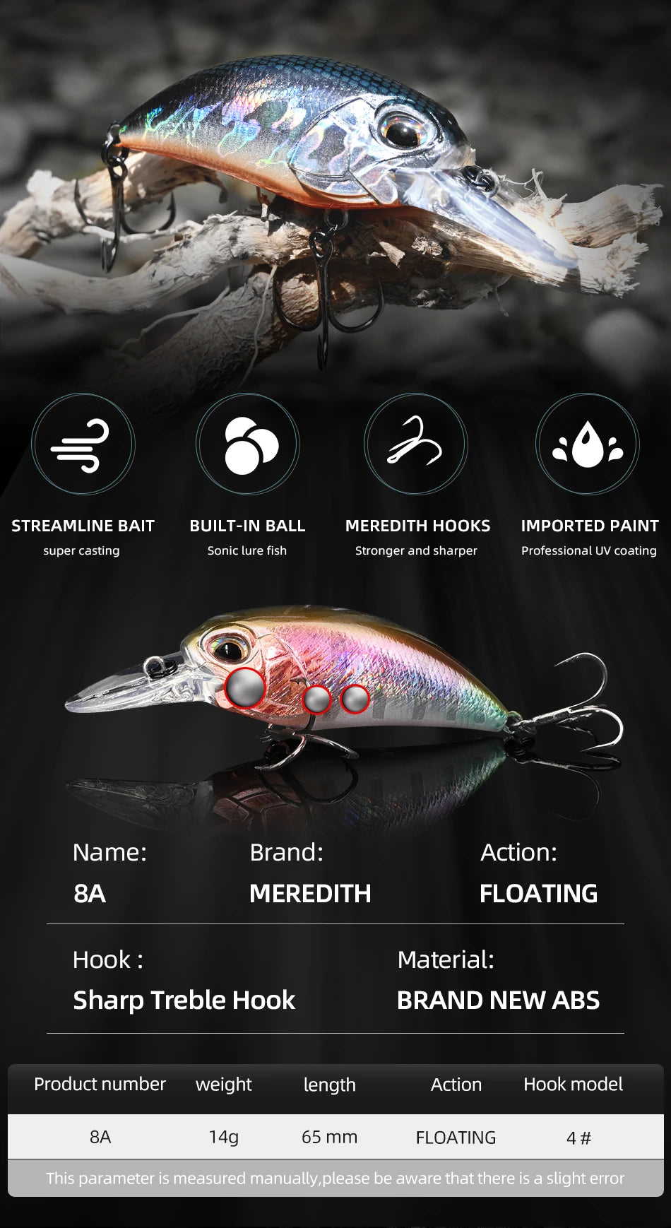 MEREDITH JERK CRANK M65 Floating 14g Hot Model Fishing Lure Hard Bait 11Color Wobbler Crank Quality Professional Depth 2.0-2.5m