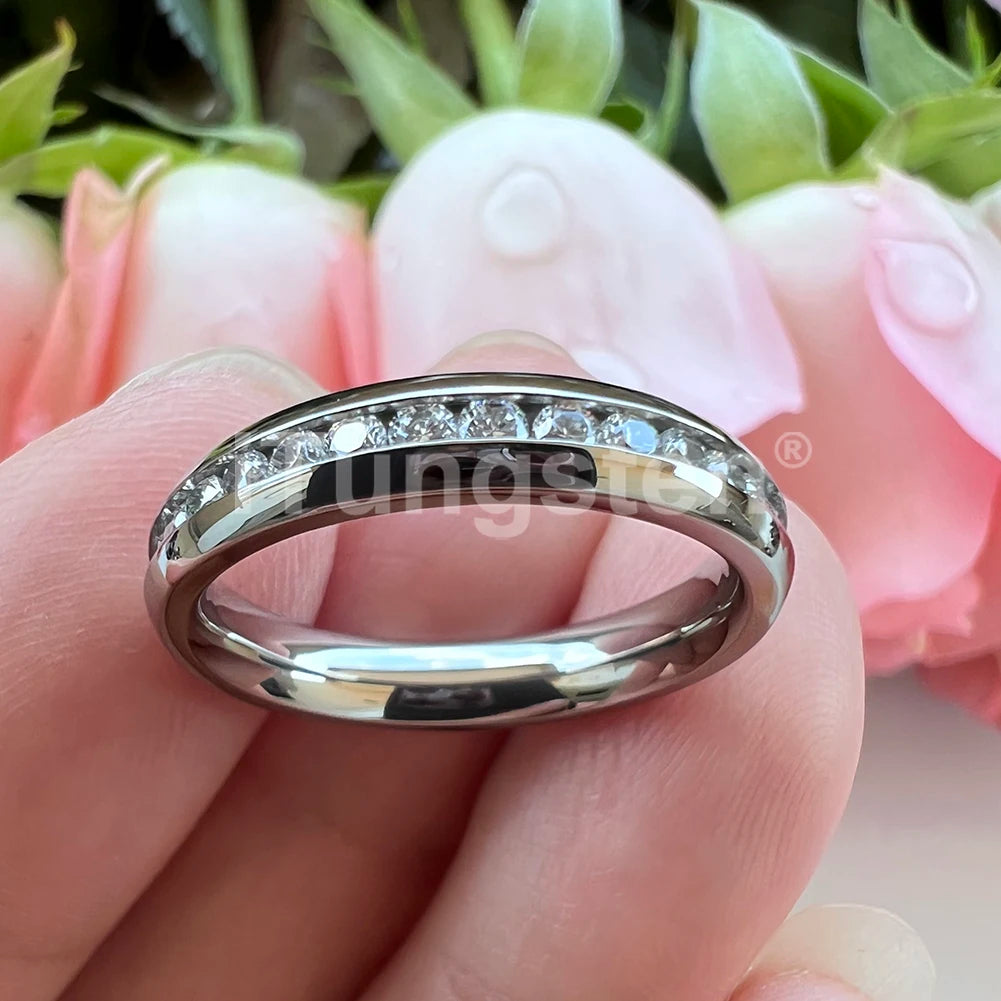 ITungsten 2/3/4mm Men Women Titanium Princess Cubic Zirconia CZ Inlay Ring Nice Eternity Engagement Wedding Band