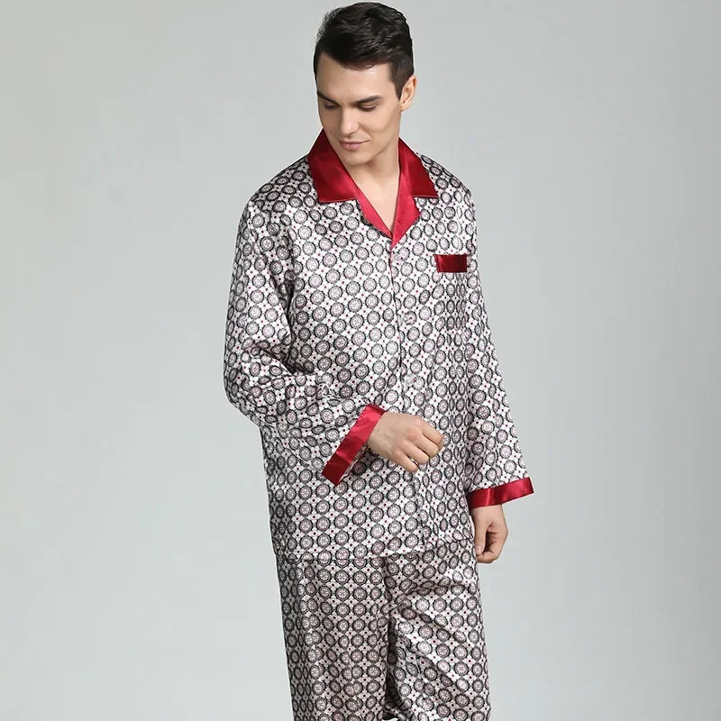 Herr Silk Satin Pyjamas 2-delad – Långärmad Topp & Byxor Tryckt Mönster, Svart/Röd/Marinblå