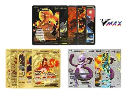 •55 pcs Pokemon Metal Gold Black Vmax GX Card Box Mewtwo Charizard Pikachu Rare Collection Battle Trainer Children Toys Gift